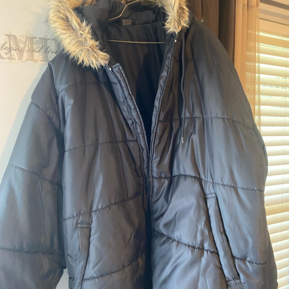 Black Puffer Jacket with Faux Fur Hood